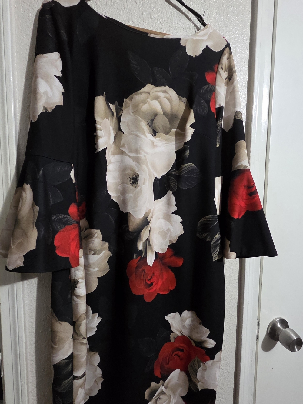 Calvin Klein Black Midi Dress with Red and Cream Floral Print